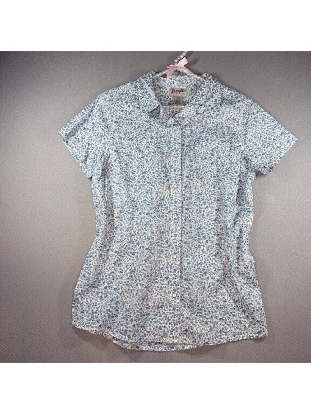 Wrangler Womens M Floral Pearl Button Snap Up Shirt Blue White Cottagecore Top